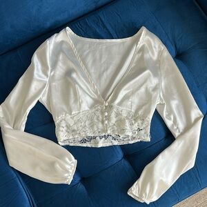 white long sleeve cropped satin lace princess button up top (size S)